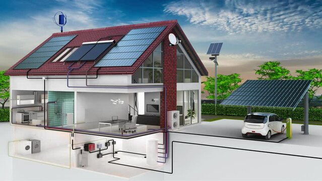 Energieversorgung an einem Einfamilienhaus (Fotovoltaik, W&auml;rmepumpe, Carport mit Ladestation) -3D Visualisierung