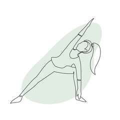 Single line drawing of a girl standing in a yoga pose with abstract shape background. Doodle illustration of relaxing workout.