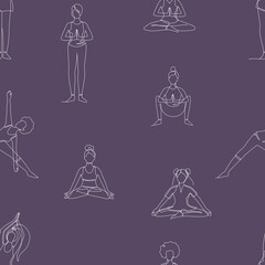 Seamless pattern with single line drawings of a girl sitting and standing in a yoga pose. Doodle illustrations of relaxing workout wallpaper