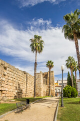Fototapeta na wymiar Palm trees at the historic surrounding city wall of Merida, Spain