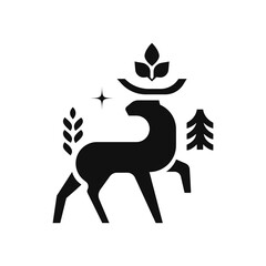 Silhouette deer with star and pine leaf logo design icon