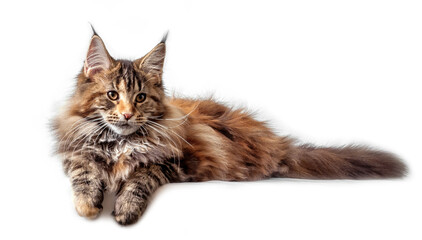 A big maine coon kitten in studio on white background, isolated.