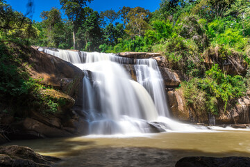 Fototapeta na wymiar Tat Huang Waterfall, International Waterfall of the two countries, namely Thailand - Laos around the forest at Phu Suan Sai National Park during rainy season, Loei province in Thailand
