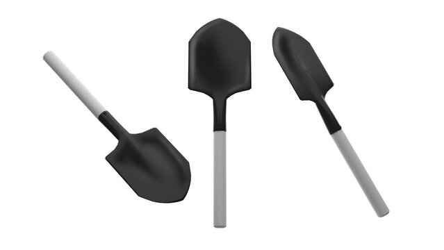 A pickaxe and a hoe are shown excavating on a white background., 3D rendering