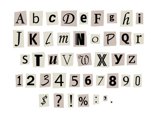 Vector ransom font. Letters, numbers and punctuation marks cut-outs from newspaper. Criminal alphabet set. Ransom black text on white paper.