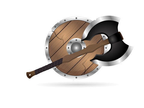 Axe and shield vector illustration. Concept : Medieval ages or middle ages. Axe and shield element isolated on white