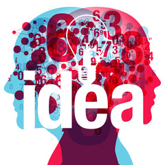 Obraz premium A 2-person side back-to-back silhouette, overlaid with various semi-transparent numerals and linked circular shapes. A large graphic 