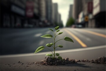 A small plant tree is growing, breaking through the concrete of the city day, concept and symbol of sustainability and renewal, green economy, earth day, reduce co2, Renewable energy, generative ai