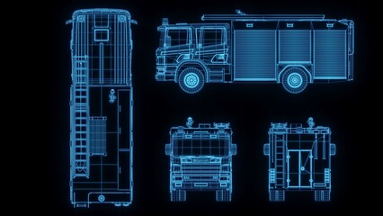 3d rendering illustration fire truck Fire engine blueprint glowing neon hologram futuristic show technology security danger emergency for premium product business finance  