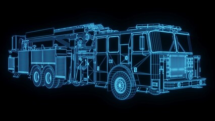 3d rendering illustration fire truck Fire engine blueprint glowing neon hologram futuristic show technology security danger emergency for premium product business finance  