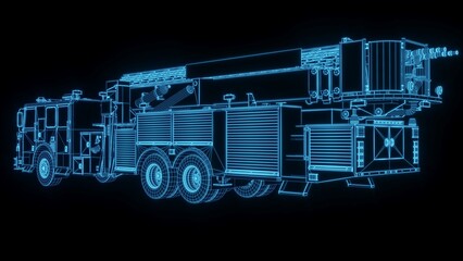 3d rendering illustration fire truck Fire engine blueprint glowing neon hologram futuristic show technology security danger emergency for premium product business finance  