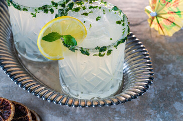 Sparkling basil infused vodka and lemonade cocktail