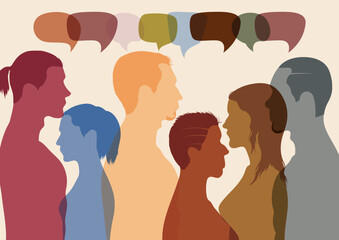 Groups of diverse people should communicate and talk to each other. A speech bubble with a multi-ethnic group of people. An image of a communication network and social network concept. Vector