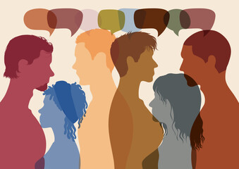 Communication and ideas are shared by many multi-ethnic people. A feeling of confusion. Population of diverse ethnicities. People talking in the crowd and people from different backgrounds.