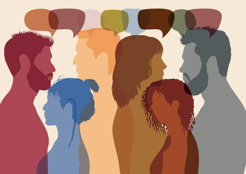 Utilize social networks for communication and sharing of information. Communicate with your community. People from different ethnicities talking and communicating in a profile.