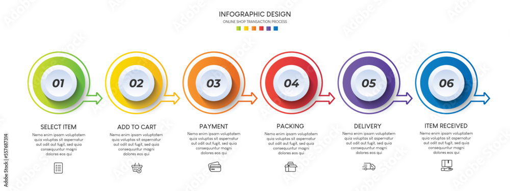Poster process of online shopping with 6 steps. steps business timeline process infographic template