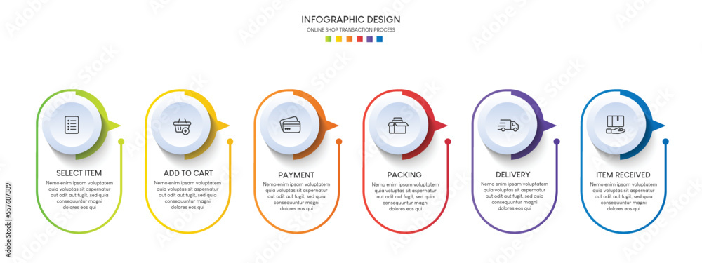 Aufkleber process of online shopping with 6 steps. steps business timeline process infographic template