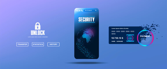 Authentication and login to the bank through mobile device. Payment business concept. Online banking, hack protection. Bank card with mobile phone