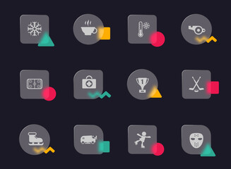 ice rink glass morphism trendy style icons. ice rink transparent glass vector icons with color memphis figures. for web and ui design, mobile apps and promo business advertising