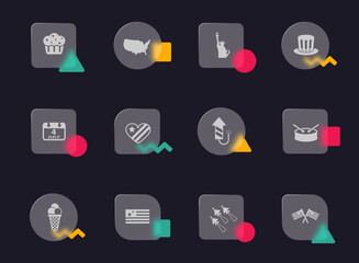 independence day glass morphism trendy style icons. independence day transparent glass vector icons with color memphis figures. for web and ui design, mobile apps and promo business advertising