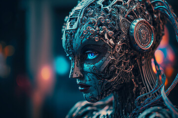 Artificial intelligence detailed futuristic robot. Ai digital brain with human woman face robotic. Machine learning concept, illustration created by generative AI.