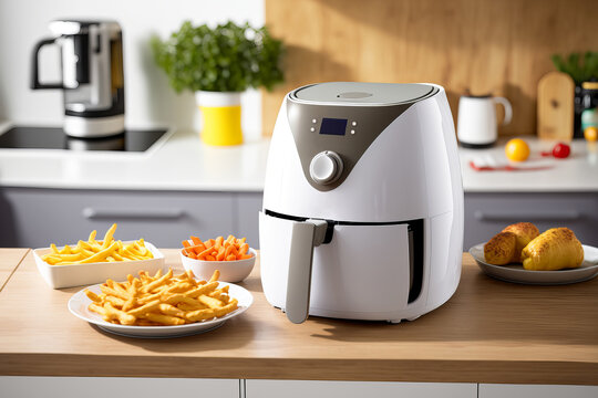 Air fryer cooking machine and french fries on wood table in the kitchen, illustration created by generative AI.