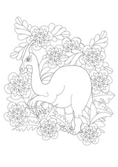 dinosaur coloring book.Leaves and flowers all around.