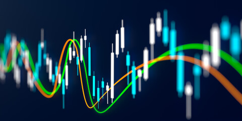 Stock exchange chart with lines moves up and down. Close-up stock market candle stick chart with moving averages. Business, trading, investment and banking concept.  - obrazy, fototapety, plakaty