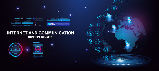 Internet and communications. VPN concept banner. World internet network. VPN protection and security. Virtual network through private access
