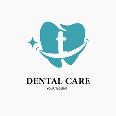 Initial Letter t with Tooth and Smile Icon for Dental Health Care and Dental Clinic, Dentistry Business Logo Idea Template