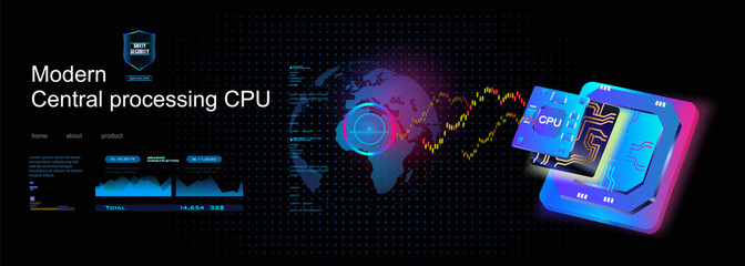 Microprocessor of the future. State of the art new generation CPU. Powerful computer chip. The process of transmitting and processing information. Electronics and technology