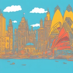 Cultural attractions Sydney Australia colorful illustration 