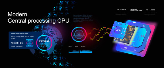 Presentation and advertising new generation computer processor. Innovative stream processor for computer on futuristic background. Development of computer chips and boards