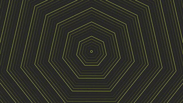 Yellow slim heptagon star simple flat geometric on dark grey black background loop. Starry heptagonal radio waves endless creative animation. 