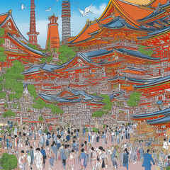Historical sites Tokyo Japan colorful illustration 