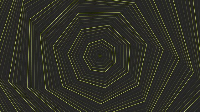 Yellow slim spin heptagon star simple flat geometric on dark grey black background loop. Starry heptagonal spinning radio waves endless creative animation. 
