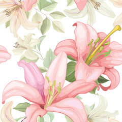 lily floral and leaves seamless pattern
