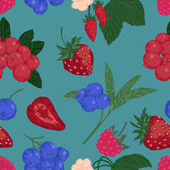 Seamless pattern of different berries. Summer fruit berry ornament. Cartoon flat vector illustration. Fresh abstract design.