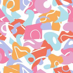 Fototapeta na wymiar Abstract contemporary ornament. Vector seamless pattern of geometric cut out shapes and simple doodles. Design in pastel colors.
