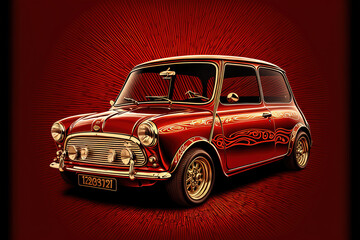 Red mini cooper on ruby background - obrazy, fototapety, plakaty