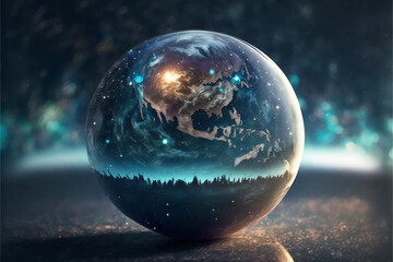 Stylized globe with double exposure.Concept of the earth against the background of the milky way.AI generated.