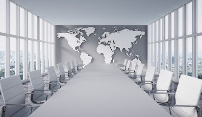 Meeting room in high-rise building with a view at the world map - 3D illustration