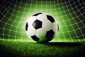 Soccer Ball In Goal Net On Green Background Generative AI