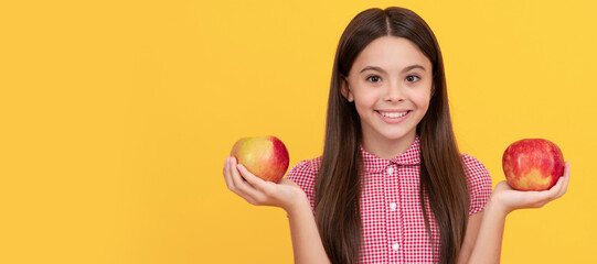 healthy life. diet and kid beauty. dental care. lunch break. Child girl portrait with apple, horizontal poster. Banner header with copy space.