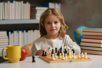 Little kid chessman play chess game, checkmate. Games good for brain intelligence concept.