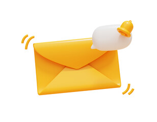 Yellow envelope with bell notification social contact element message alarm web icon 3d illustration