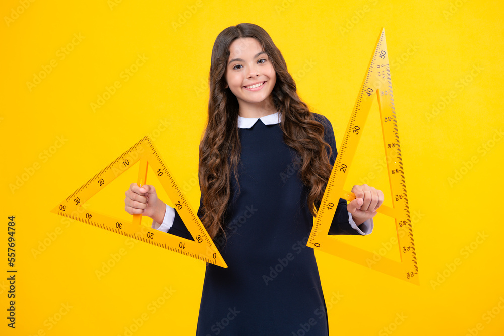 Poster back to school. teenager school girl on isolated background. school supplies.