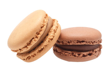 Popular French cake closed up isolated on white. Coffee and chocolate macaroons with filling in group.