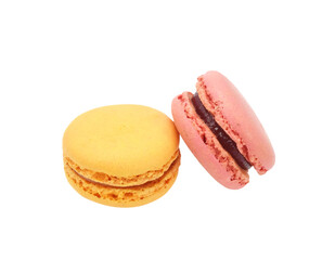 Popular French cake closed up isolated on white. Yellow and pink macaroons with filling in group.
