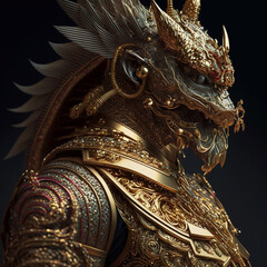 dragon warrior in golden armor, golden dragon statue, golden dragon on the roof, golden dragon statue in temple